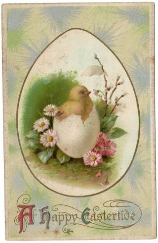 Easter Greetings Chick And Egg,  A Happy Eastertide - Vintage Postcard