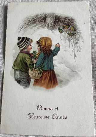 Vintage French Postcard Boy Girl Children With Birds Year’s