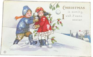 Vintage Christmas Postcard 2 Children Throwing Snowballs Margaret Evans Price