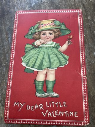 Adorable Vintage Valentine’s Day Postcard Little Girl Green Dress Heart Border