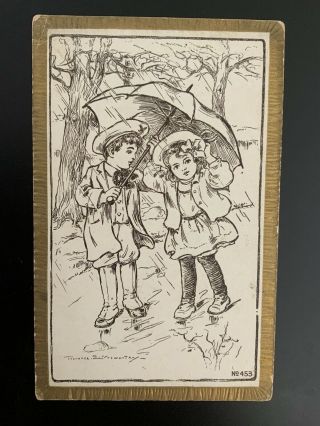 Vintage Postcard,  A/s,  Boy & Girl In Rain,  Umbrella,  Gold Trim,  Series No.  453