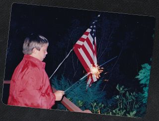 Vintage Photograph Young Boy Holding Sparkler By American Flag