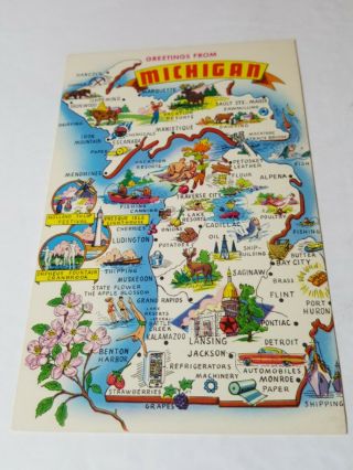 Vintage 1960s Postcard Greetings From Michigan State Map Tourism Card