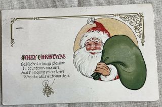 Vintage Christmas Santa Claus Green Sack Saint Nicholas Postcard