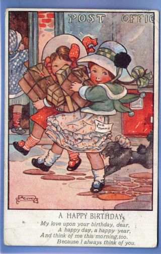 Vintage 1919 Wildt & Kray Postcard Artist Signed L A Govey Girls With Gifts Dog