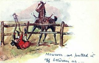 Vintage Comic Art Postcard: Rider Falling Off Hunting Horse By Finch Mason 1905