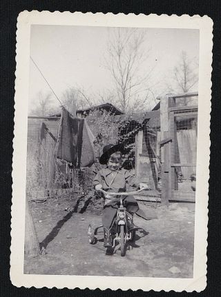 Antique Photograph Little Boy Dressed As Cowboy On Bicycle In Yard Laundry Day