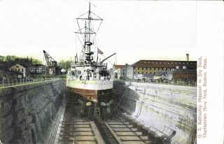 Vintage Naval Postcard,  U.  S.  Battleship Missouri In Dry Dock
