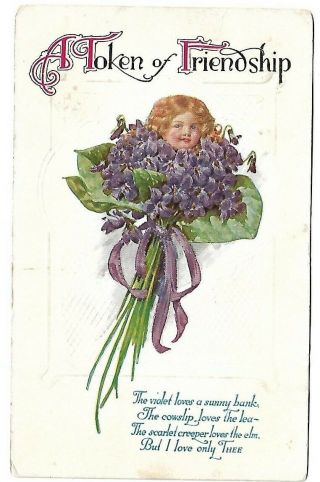 Vtg Post Card - Violets With Girls Face In The Middle - A Token Of Friendship