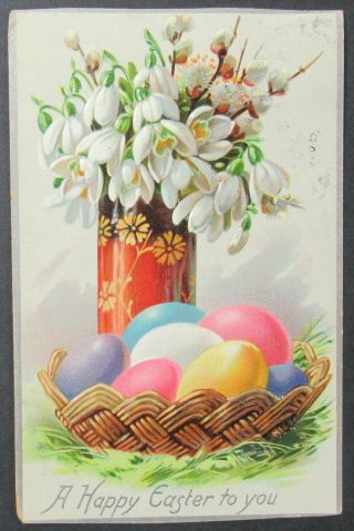 Happy Easter Eggs Flowers Vintage Tuck Embossed Postcard Posted 1910