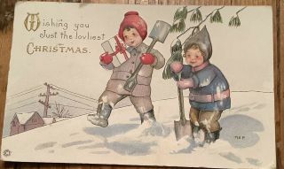 Vintage Christmas Postcard Two Children Shoveling Margaret Evans Price