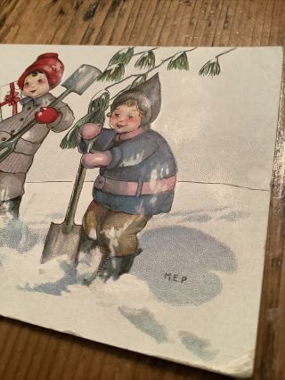 Vintage Christmas Postcard two Children Shoveling Margaret Evans Price 2