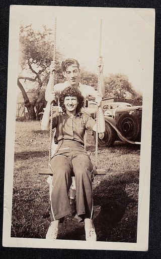 Antique Vintage Photograph Man Pushing Woman On Swing In Yard