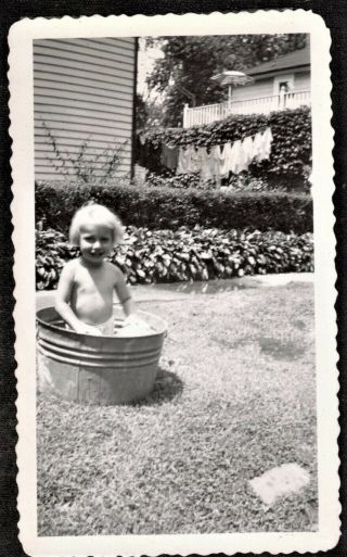 Antique Vintage Photograph Cute Baby Sitting In Pan Of Water In Yard - Laundry