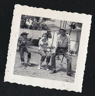 Antique Photograph Mom & Dad With Little Boy In Cowboy Hat & Puppy Dog - Swings