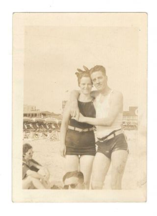 Vintage Photo Young Woman Man Couple Bathing Suit Beach Antique Found Art Dst52