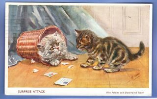 Vintage 1951 Postcard Artist Signed M Gear Blue Persian & Short Haired Tabby Cat
