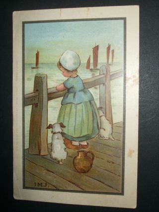 1910 Vintage Artist Signed I.  M.  J Art Postcard Girl On Pier 2 Dogs C W Faulkner