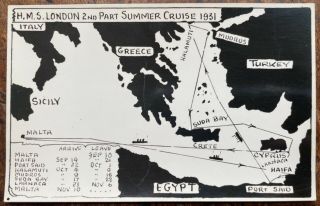 Vintage Photo Map Of H.  M.  S London 2nd Part Of Summer Cruise 1931 Haifa,  Suda Bay