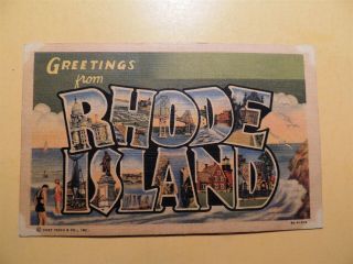 Greetings From Rhode Island Vintage Large Letter Linen Postcard