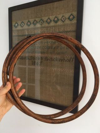 Rare One Antique Needlework Embroidery Bent Wood Hoop 18th C Old Copper Nails