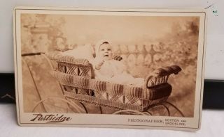 Vintage Cabinet Card Baby W/ Bonnet In Antique Wicker Stroller Partridge Boston