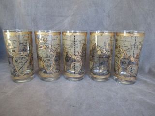 5 Cera 22kt Gold Old World Map - Highball Tumblers - Mid Century