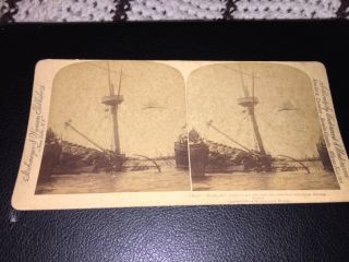 1898 Stereoview Card Of The Wreckage Of The Battle Ship Maine In Havana Harbor