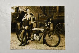 8x10 Inch Black & White Photo Of A Pin - Up Beauty Posing With A 1912 Motorcycle