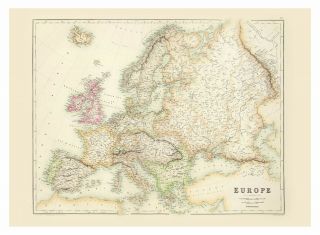 Old Vintage Decorative Map Of Europe France Germany Russia Fullarton 1872