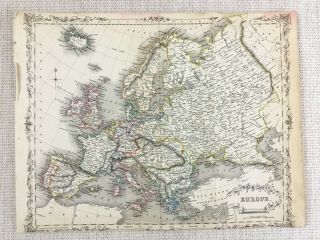 1848 Antique Map Of Europe European Old 19th Century Hand Coloured Engraving