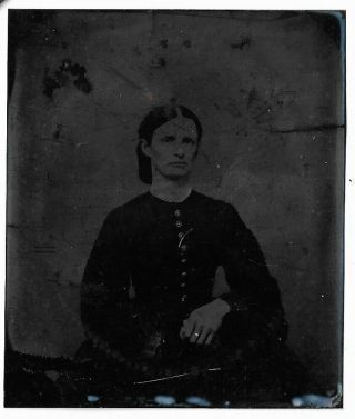 Early Tintype Photograph Young Woman Wearing Dress Needs Case 17 - 63