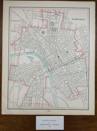 Vintage 1901 Nashville Tennessee Map 11 " X14 " Antique Grand Old Opry