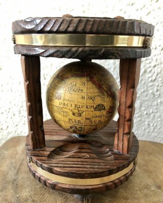 Vintage Wooden Old World Globe Map Rustic Desk Ornament Antique Carved Leather