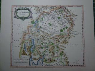 Old Coloured Antique Map Of The County Of Westmorland By Robert Morden