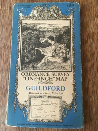 1934 Old Vintage Os Ordnance Survey One - Inch Fifth Edition Map 124 Guildford