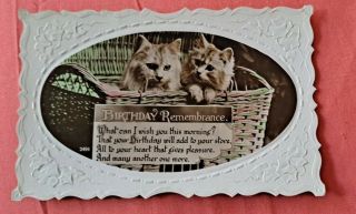 Vintage Cat Postcard.  Birthday.  Two Kittens In Basket.  Rppc.  British.  Embossed