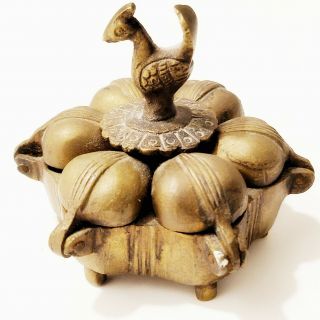 Rare Antique Handmade Hindu Indian Brass Bronze Kumkum Ritual Figural Spice Box