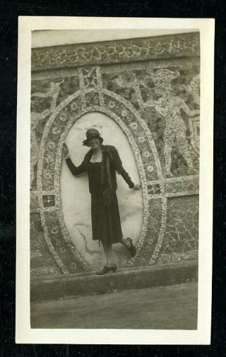 Vintage Photo Pretty Flapper Girl Poses In Front Of Mosaic Wall Cloche Hat