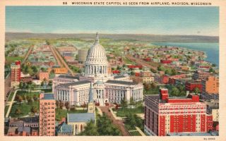 Madison,  Wi,  Wisconsin State Capitol From Airplane,  1933 Vintage Postcard A2226