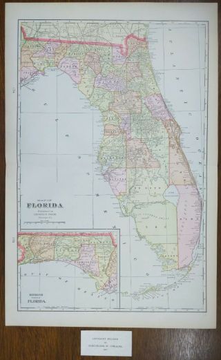 Vintage 1901 Florida Map 14 " X22 " Old Antique St Augustine Tallahassee