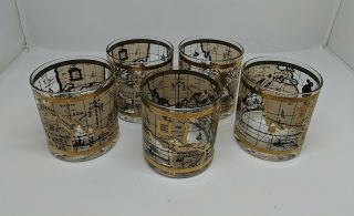 Vintage Set Of 5 Cera 22kt Gold Old World Map Beverage Dof Glasses Mcm Barware