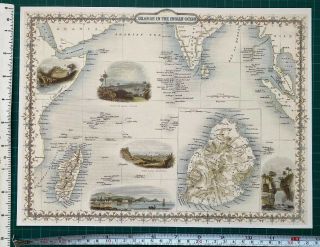 Antique Old Map 1800s: Indian Ocean Islands,  Seychelles,  Maldives Tallis Reprint