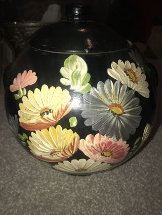 Rare Vintage Ransburg Handpainted Black Cookie Jar Hand Painted With 10 Flowers