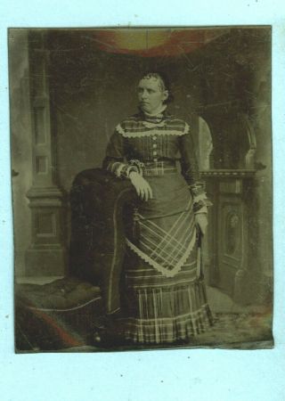 Vintage,  Tintype,  Studio Photo Of A Lady Standing By Chair,  2 1/4 " X 3 "