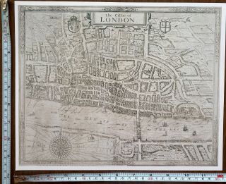 Rare Old Antique Map Of London,  England: C1633 1600s: Stuart Period: Reprint