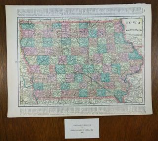 Vintage 1902 Iowa Map 14 " X11 " Old Antique Des Moines Oskaloosa Pella
