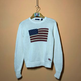Vintage Polo Ralph Lauren Ivory Knit Sweater Rare Usa Flag