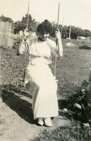 458 Vtg Photo Woman In Polka Dotted Dress Sitting On A Swing C Early 1900 