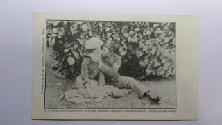 Vintage Military Postcard U.  S.  Soldier Steals A Kiss On Field Maneuvers Wwi